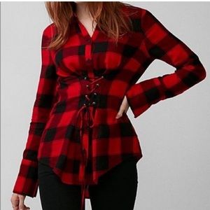 NWOT Express Corset Tie Front Red Black Plaid Flannel Long Sleeve Shirt Sz Small